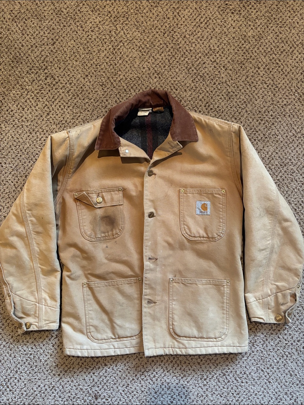 Carhartt Tan Wool Lined Canvas Work Coat with Dark Brown Corduroy Collar